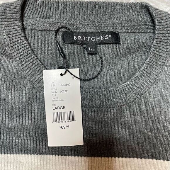 Britches Sweater Grey Beige Stripe Size Large Crewneck Pullover NEW - Picture 3 of 8